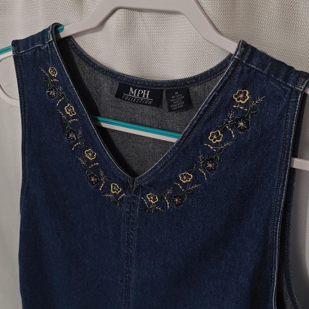 Vintage Denim Jumper Dress M Medium Embroidered Floral Modest Boxy 90s MPH Jean - Picture 3 of 9